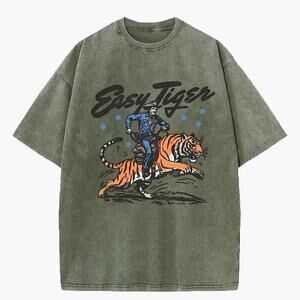 NWOT Easy Tiger Washed Short-Sleeve Oversized Heavy T-Shirt (Green/Gray | Large)